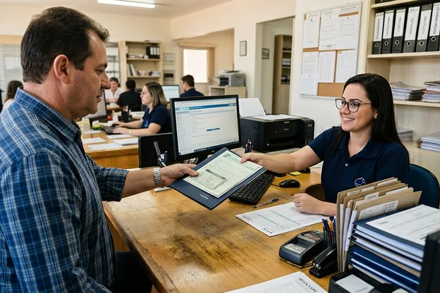 Cliente entregando documentos para transferência em despachante em Erechim.
